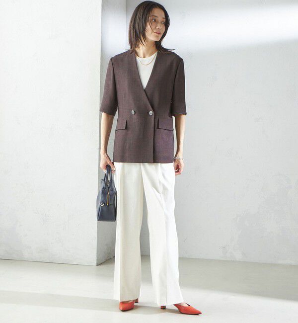 SHIPS for women「〈手洗い可能〉カラミ ノーラペル 半袖 ジャケット」|ノーカラージャケット|