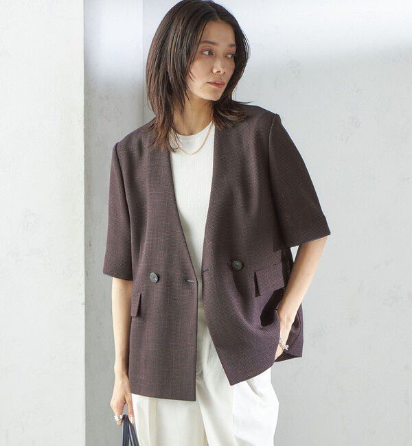 SHIPS for women「〈手洗い可能〉カラミ ノーラペル 半袖 ジャケット」|ノーカラージャケット|