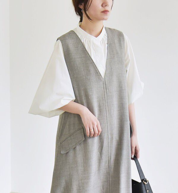 quaranciel「quaranciel:〈洗濯機可能〉ウーステッド ステッチワーク ポケット フレア Vネック ワンピース」|ワンピース|