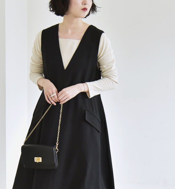 quaranciel「quaranciel:〈洗濯機可能〉ウーステッド ステッチワーク ポケット フレア Vネック ワンピース」|ワンピース|