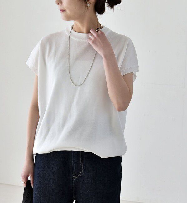 quaranciel「《予約》quaranciel:〈手洗い可能〉ドロスト フレンチスリーブ シアー ニット プルオーバー」|ニット・セーター|オフホワイト