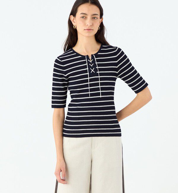 MACPHEE「マリンボーダー レースアッププルオーバー」|ニット・セーター|