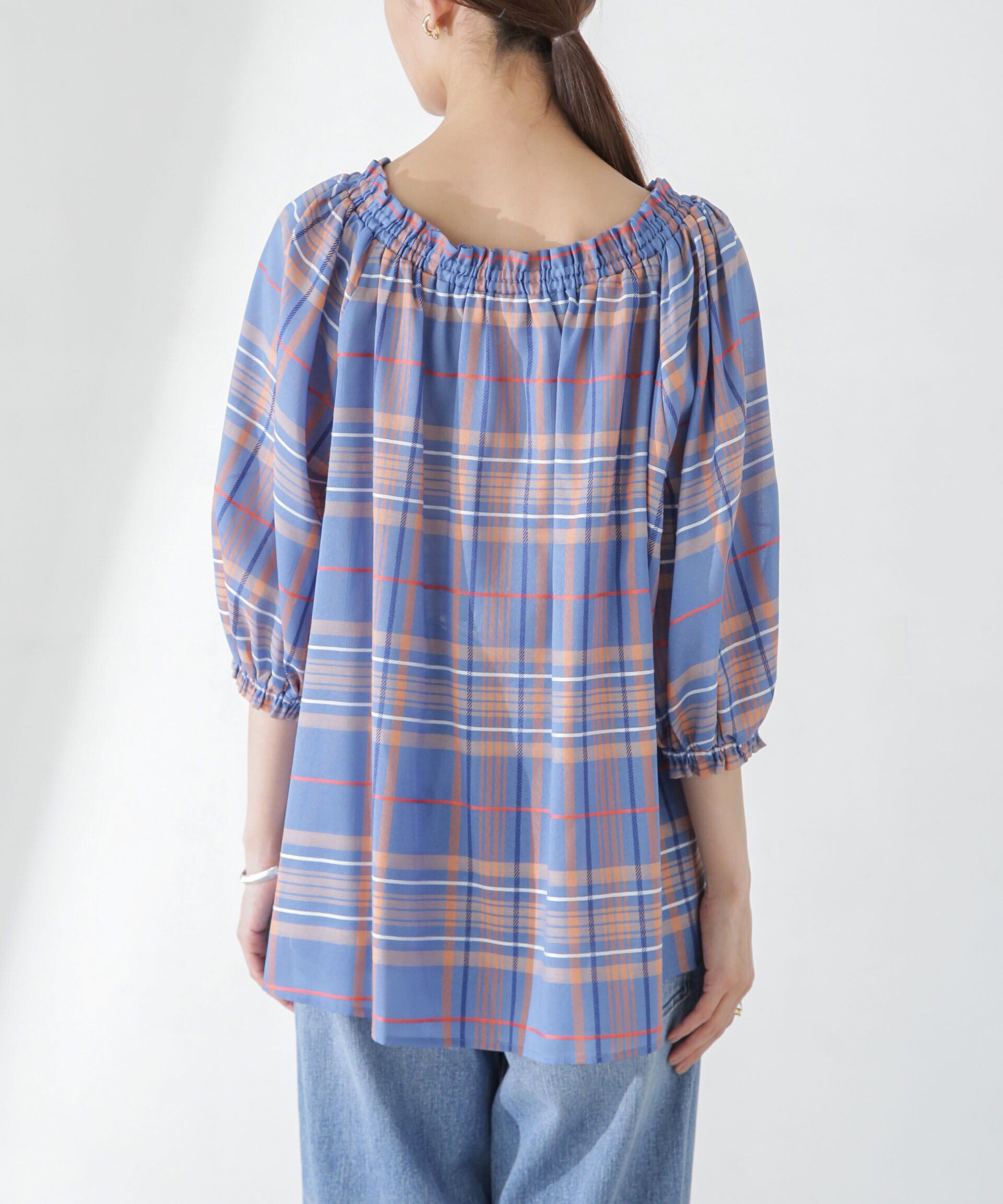 nano･universe「シアーチェックギャザー2wayブラウス」|シャツ・ブラウス|