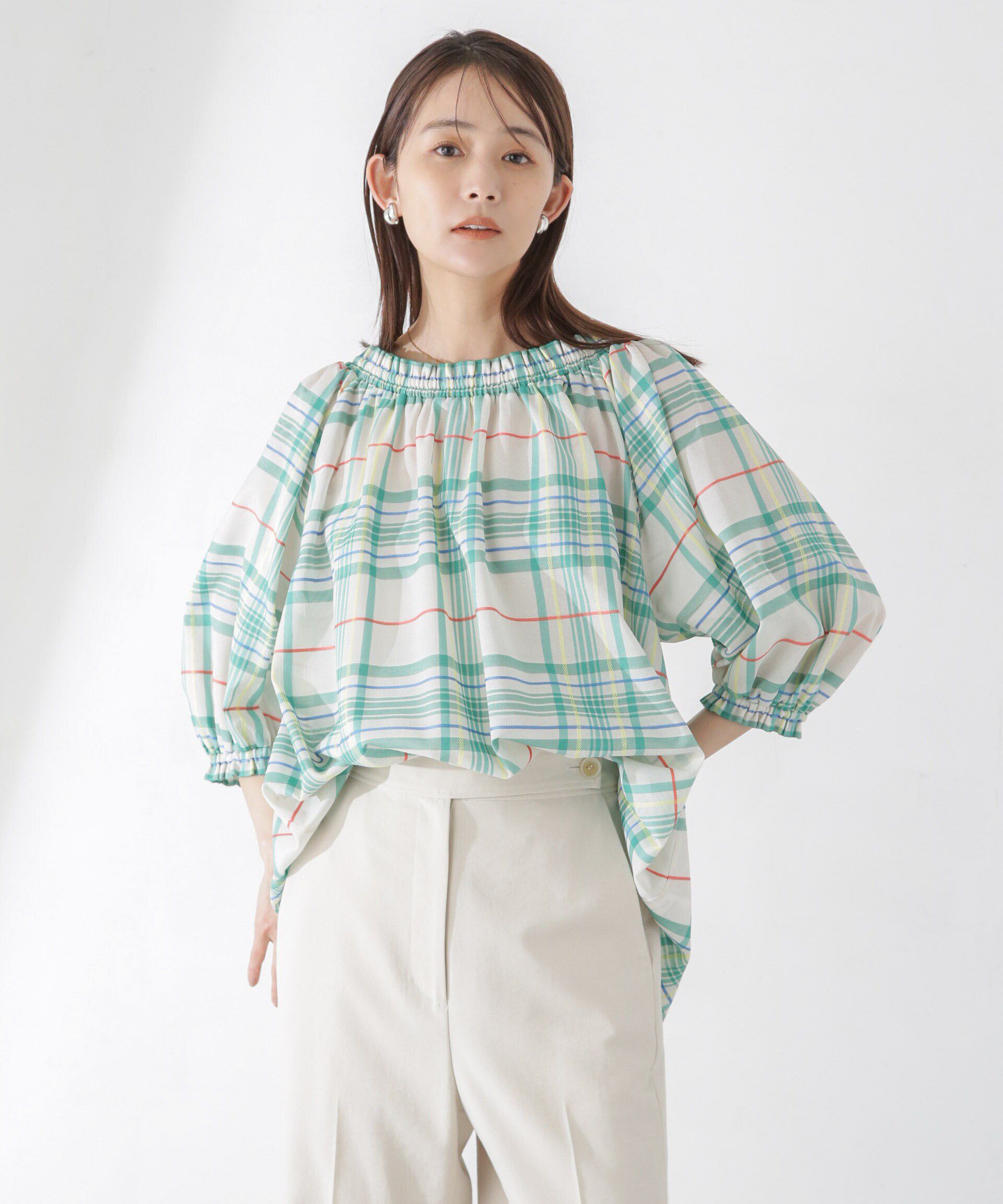 nano･universe「シアーチェックギャザー2wayブラウス」|シャツ・ブラウス|