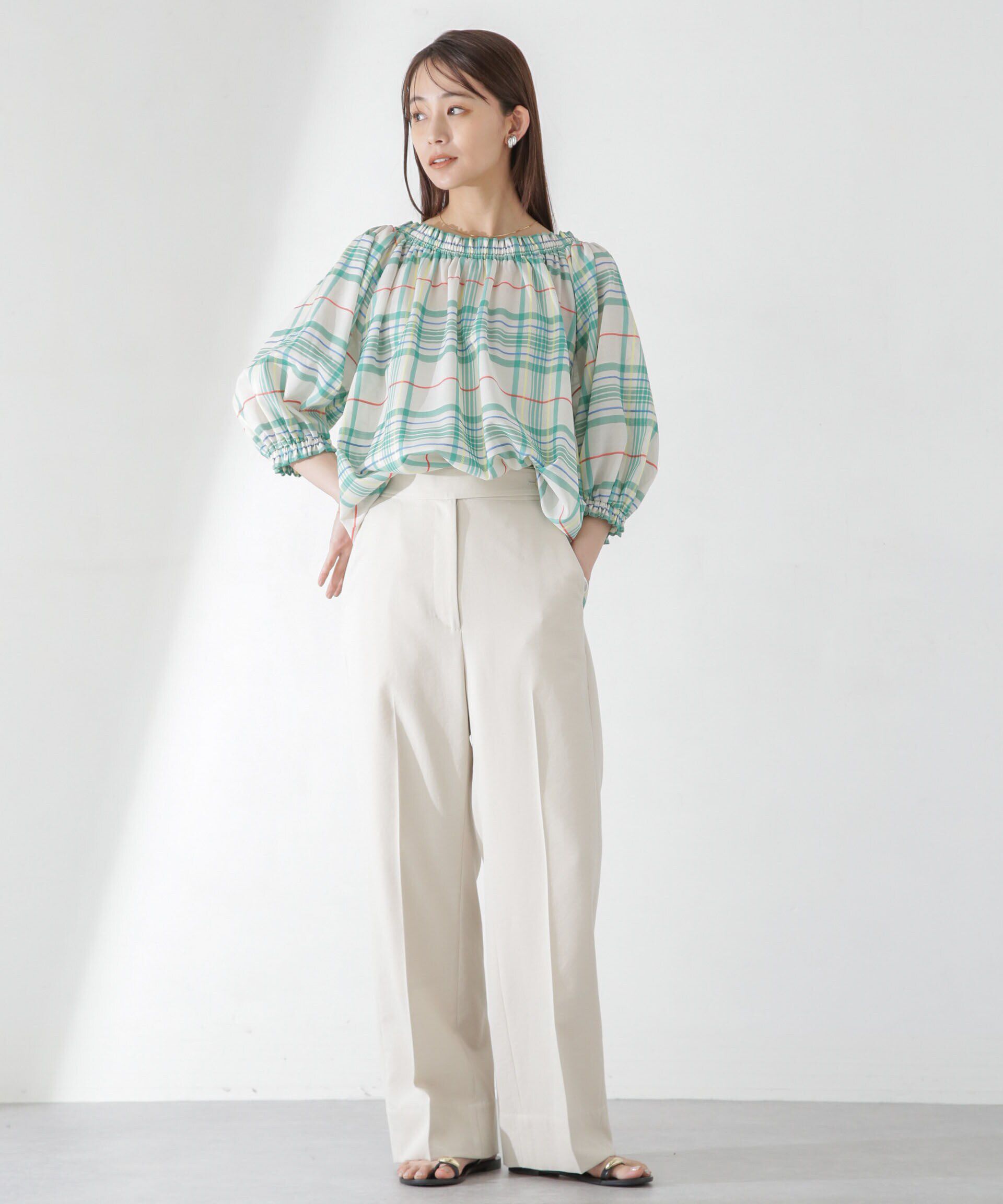 nano･universe「シアーチェックギャザー2wayブラウス」|シャツ・ブラウス|