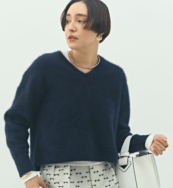 NOLLEY'S「《手洗い可能》ヘアリーストレッチVネックプルオーバーニット」|ニット・セーター|ネイビー