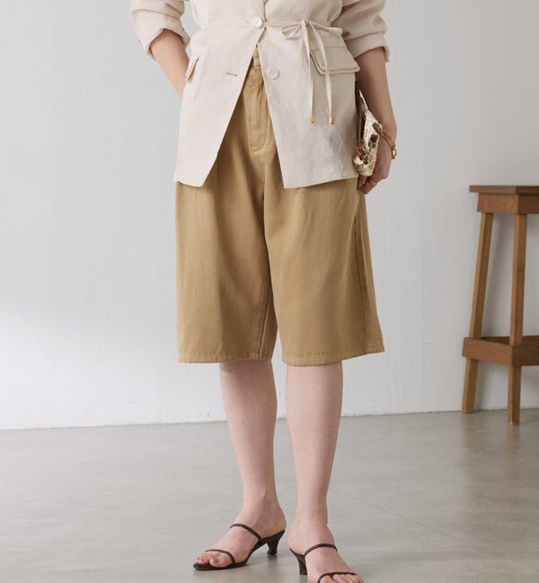  「Q.anos タックハーフデニムパンツ」|デニム|ベージュ