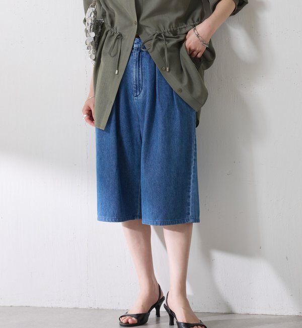  「Q.anos タックハーフデニムパンツ」|デニム|ブルー