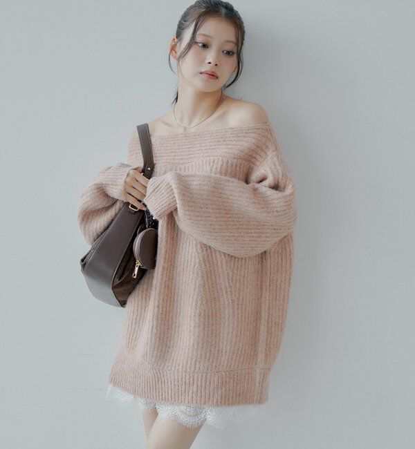  「ワンショルレースニットミニワンピース」|ワンピース|