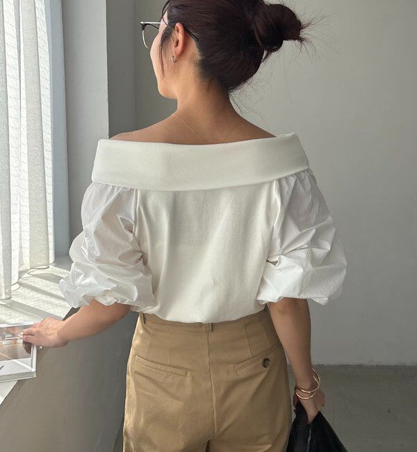  「【華奢見え◎】異素材パフオフショルＴ」|Tシャツ・カットソー|