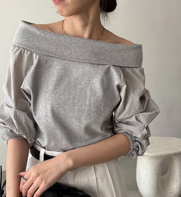  「【華奢見え◎】異素材パフオフショルＴ」|Tシャツ・カットソー|グレー