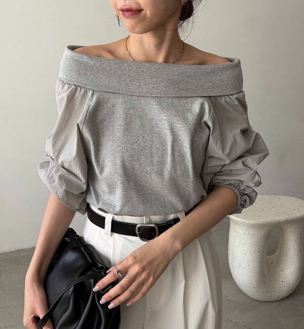 「【華奢見え◎】異素材パフオフショルＴ」|Tシャツ・カットソー|