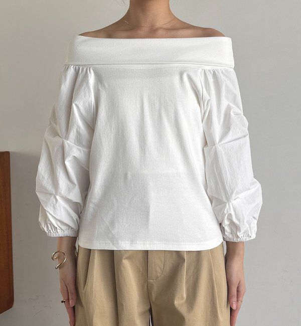  「【華奢見え◎】異素材パフオフショルＴ」|Tシャツ・カットソー|