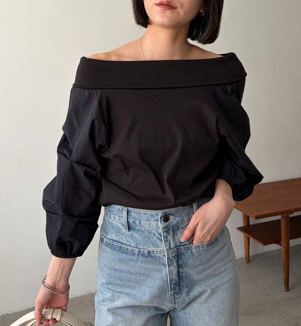  「【華奢見え◎】異素材パフオフショルＴ」|Tシャツ・カットソー|