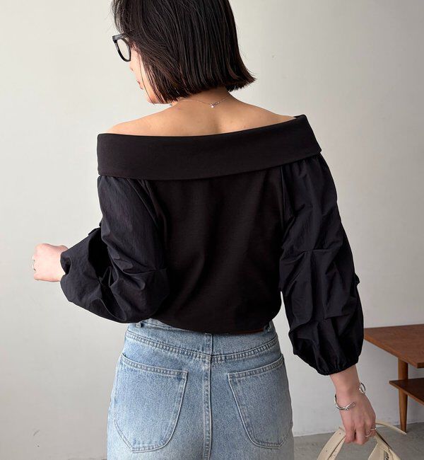  「【華奢見え◎】異素材パフオフショルＴ」|Tシャツ・カットソー|