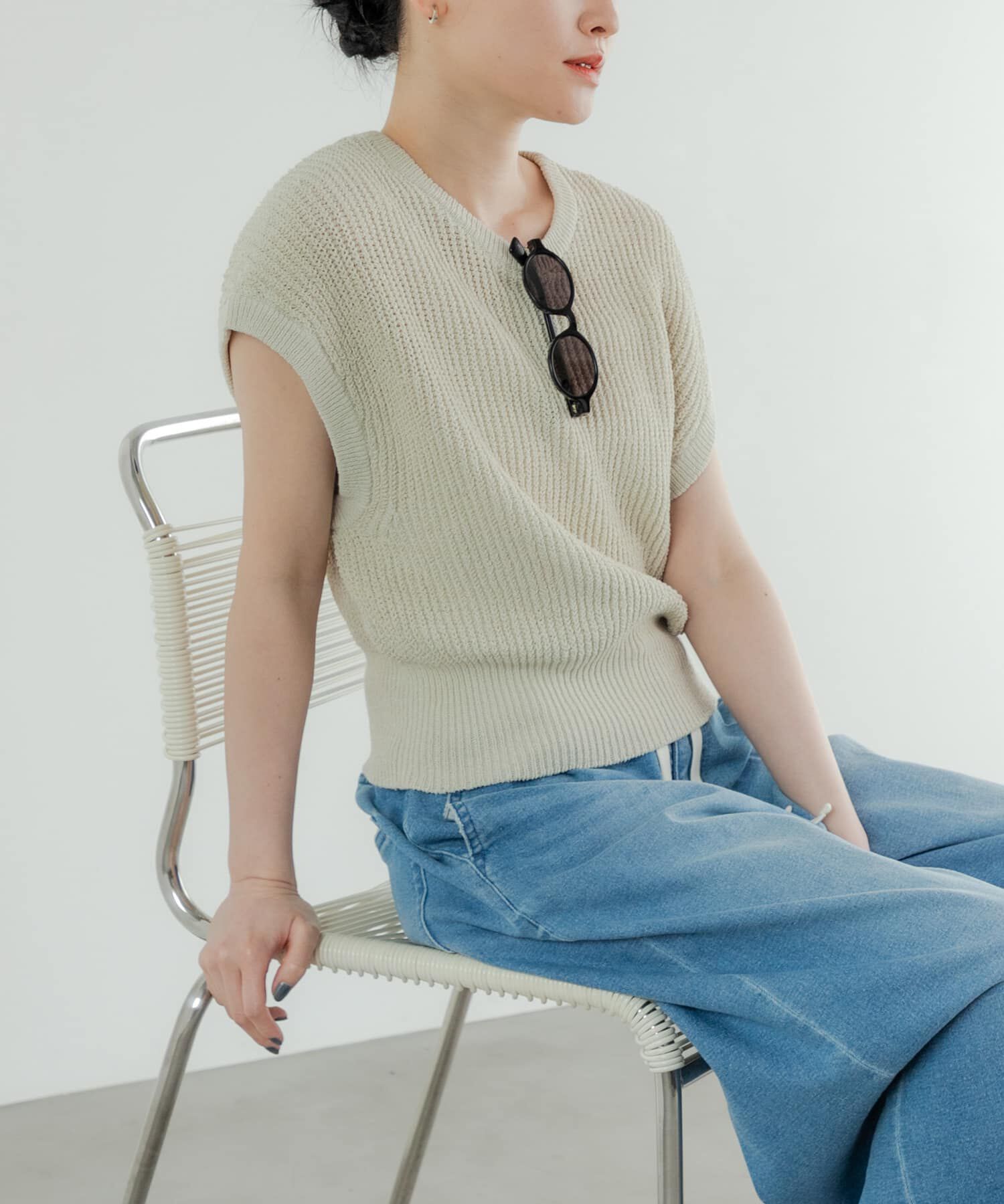 URBAN RESEARCH「ペーパーヤーンフレンチスリーブニット」|ベスト・ジレ|ベージュ