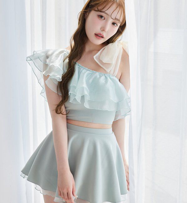  「swimwear/肩リボンワンショル+フレアミニスカート(3点セット)」|その他|