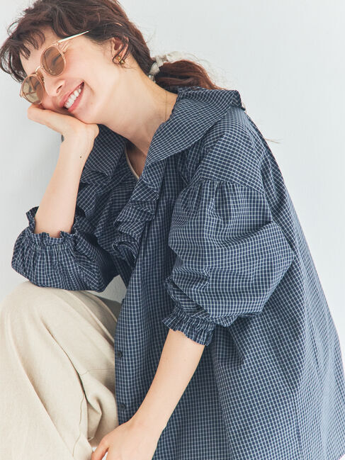 Samansa Mos2「フリルシアーブラウス」|シャツ・ブラウス|ネイビー