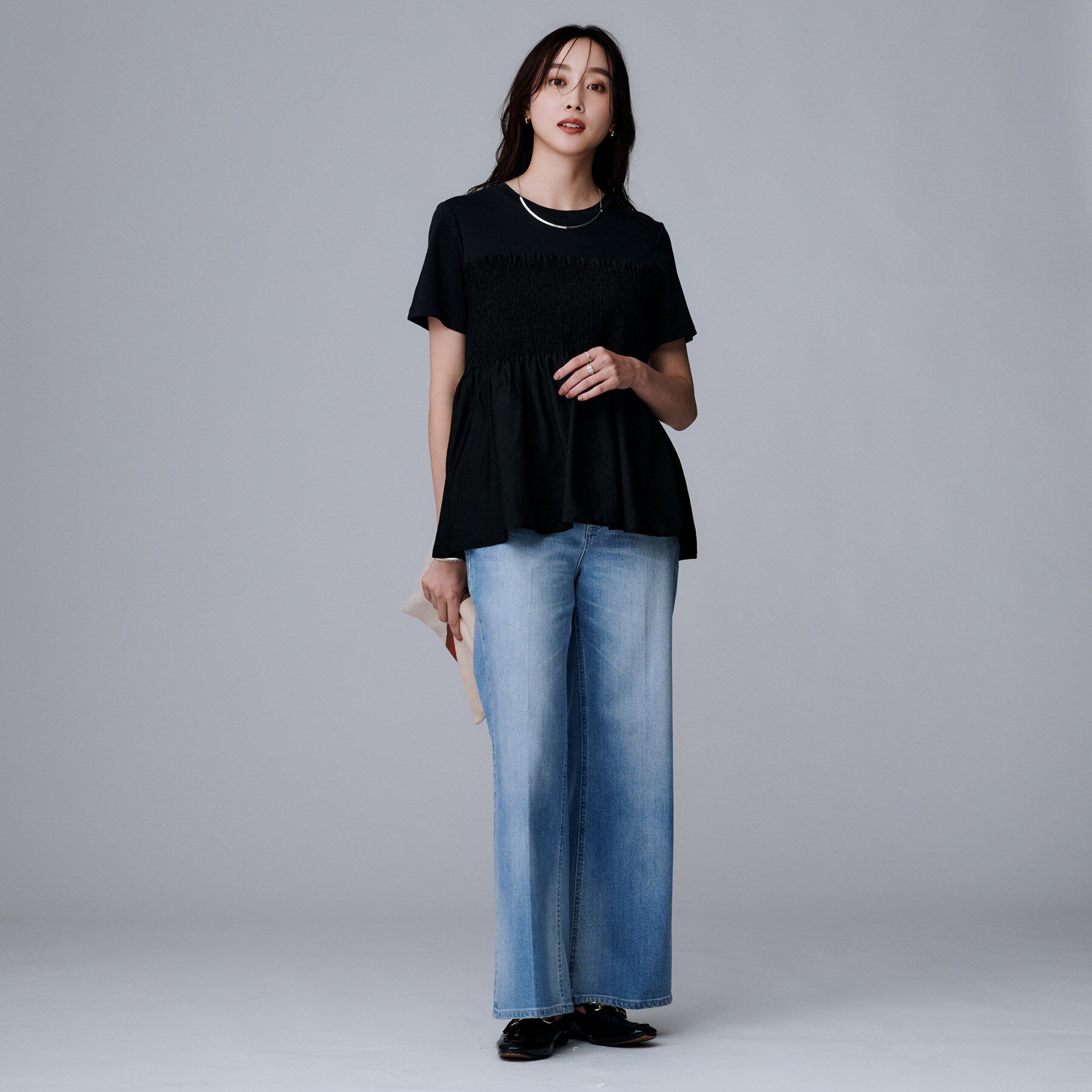 UNTITLED「【コットン100/洗える/Tシャツ】シャーリングドッキングペプラム」|Tシャツ・カットソー|