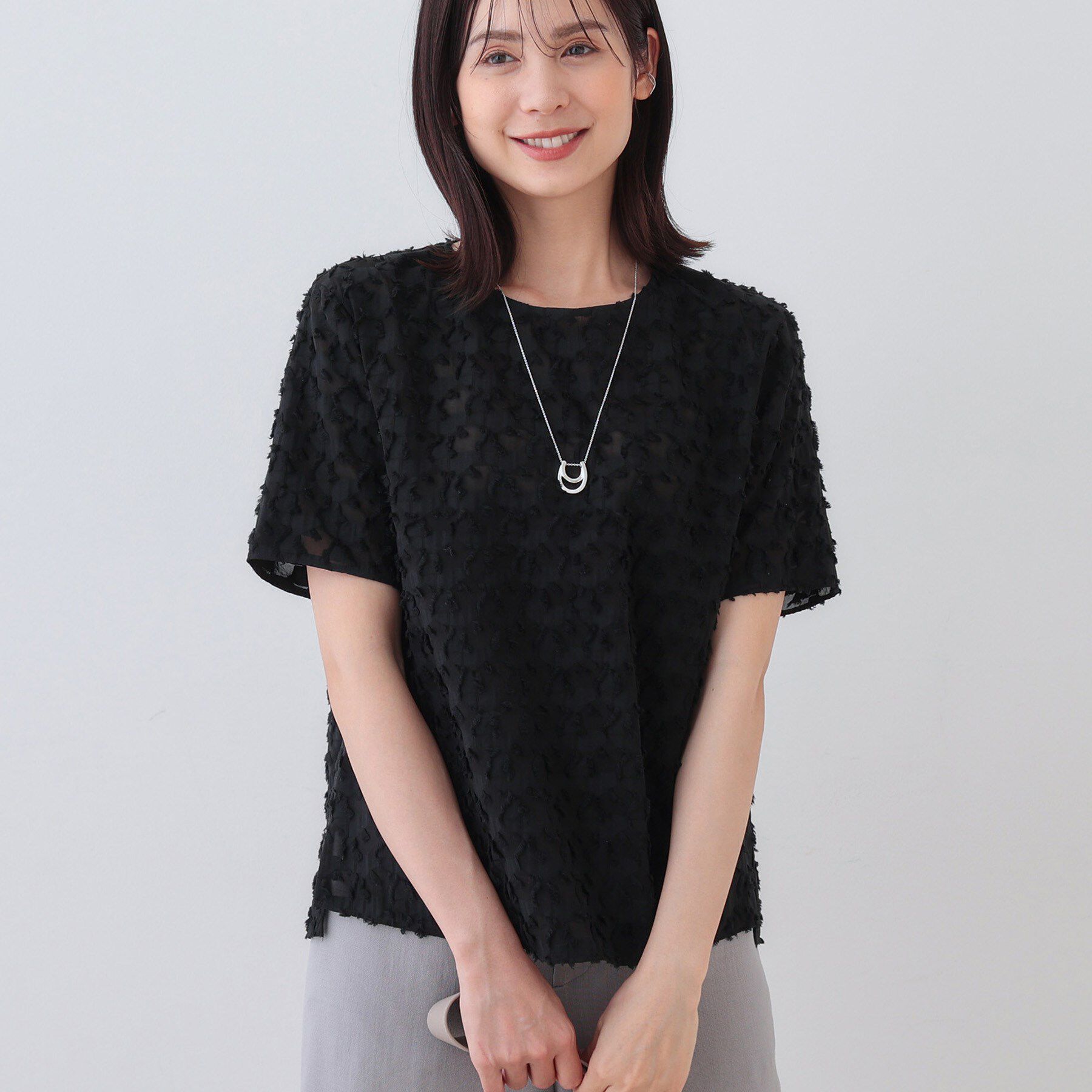 INDIVI「【日本製／コットン混】ジャカードブラウス」|シャツ・ブラウス|ブラック(019)