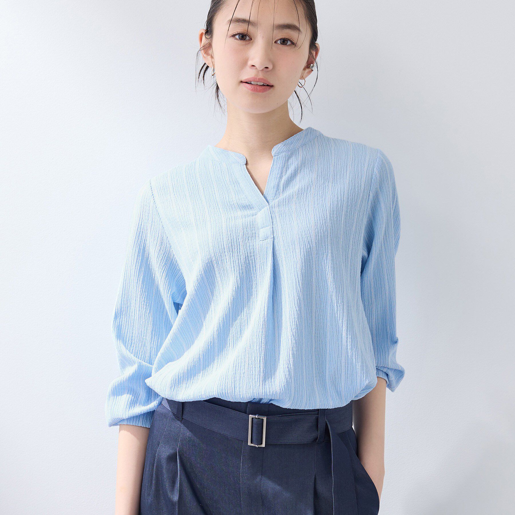 INDIVI「【洗える／着心地楽ちん】ブラウス風ストライプカットソートップス」|Tシャツ・カットソー|