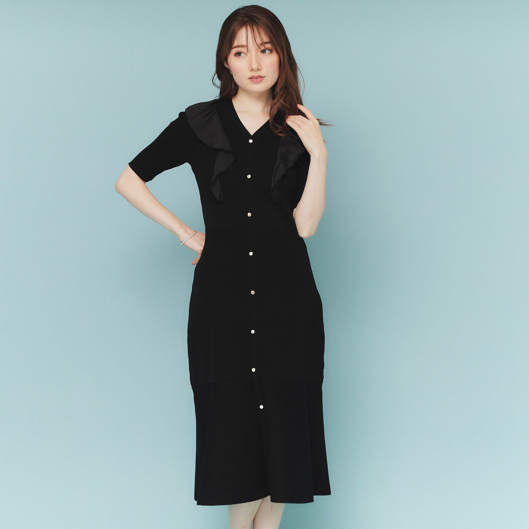 index「フリルドッキングニットワンピース【洗濯機洗い可/抗ピル】」|ワンピース|ブラック(019)