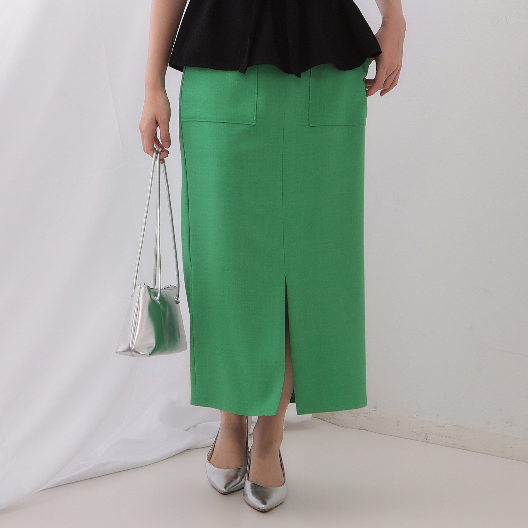 OPAQUE.CLIP「《5色展開/S-LLサイズ》リネンライクストレッチタイトスカート【洗濯機洗い可】」|スカート|グリーン(822)