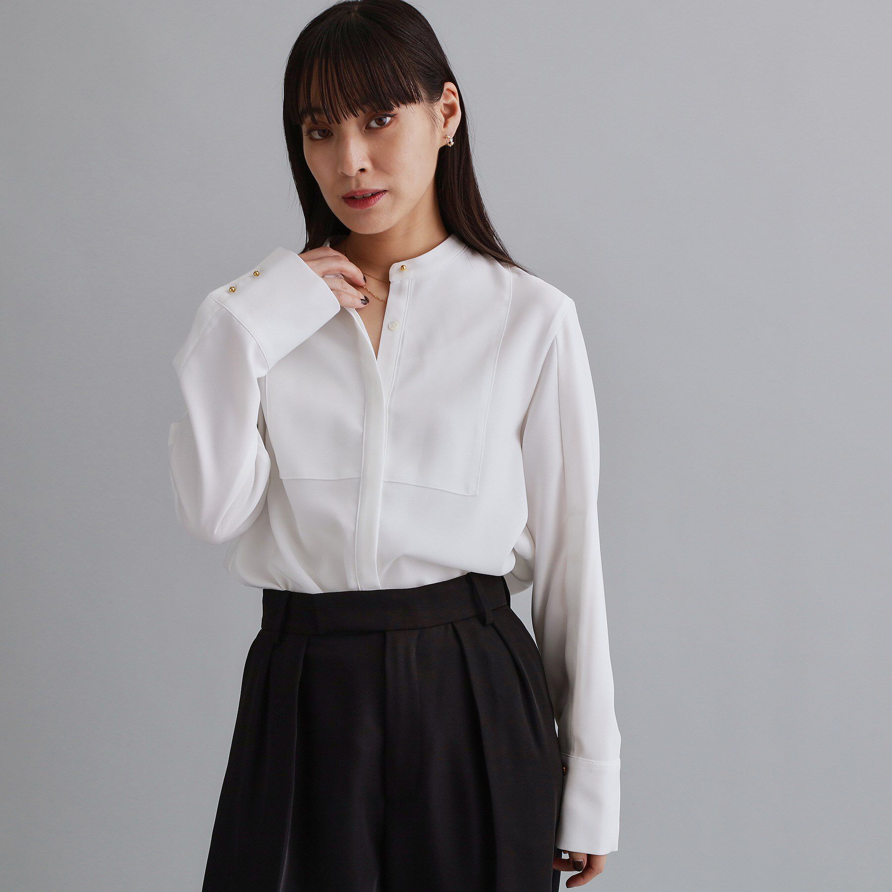 OPAQUE.CLIP「【es】ブザム切替バンドカラーシャツブラウス【洗濯機OK/防シワ/UVケア/接触冷感】」|シャツ・ブラウス|