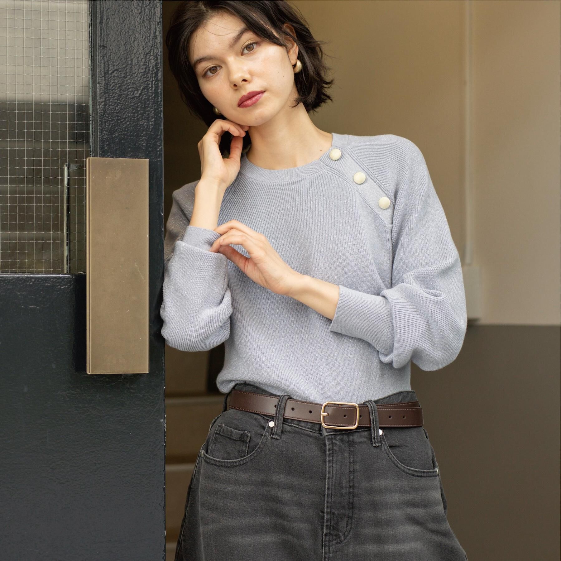 OPAQUE.CLIP「ボタンデザインラメニット【洗濯機OK】」|ニット・セーター|サックスブルー(69