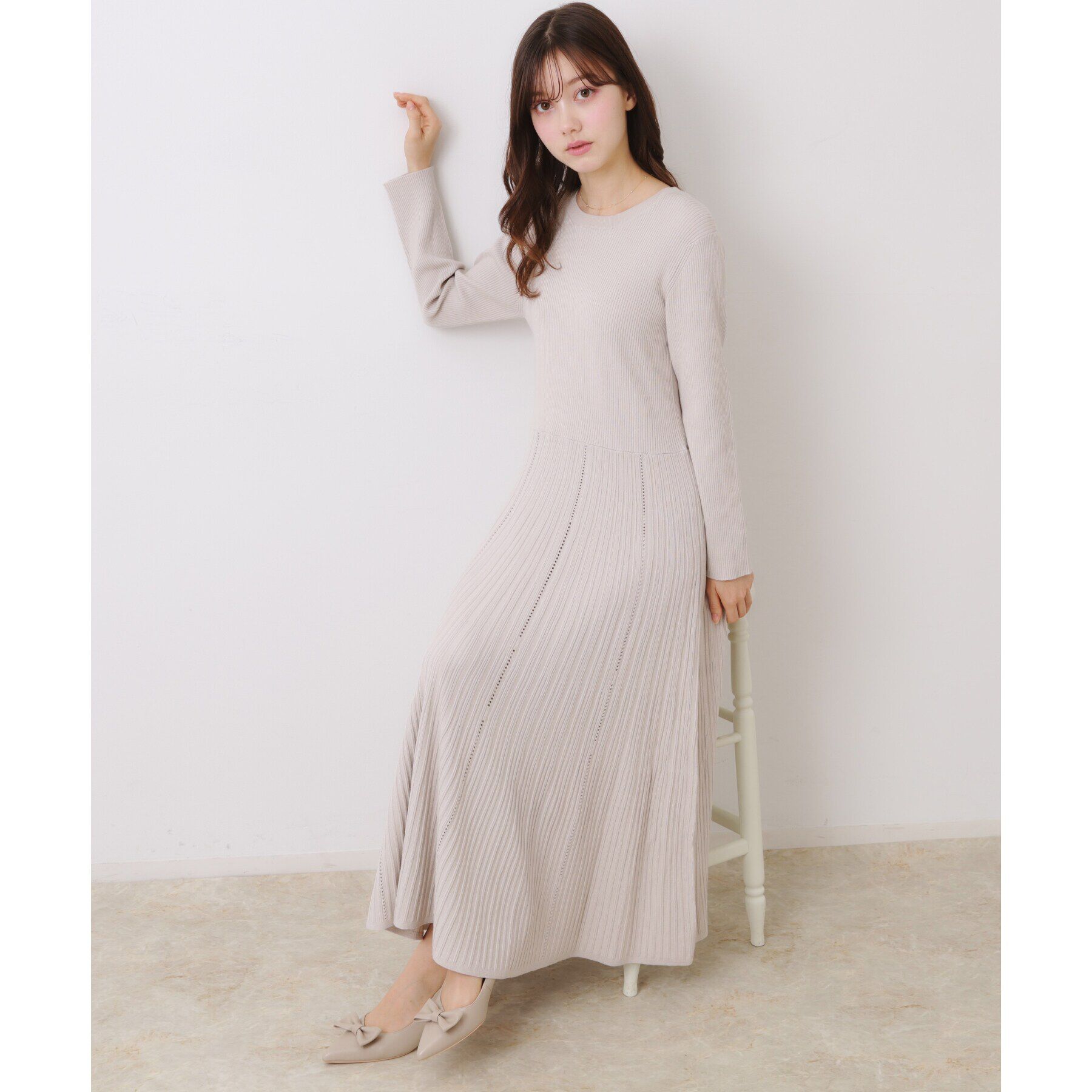 Couture broach「【上品な落ち感・美シルエット】アイレットリブデザインニットワンピース」|ワンピース|