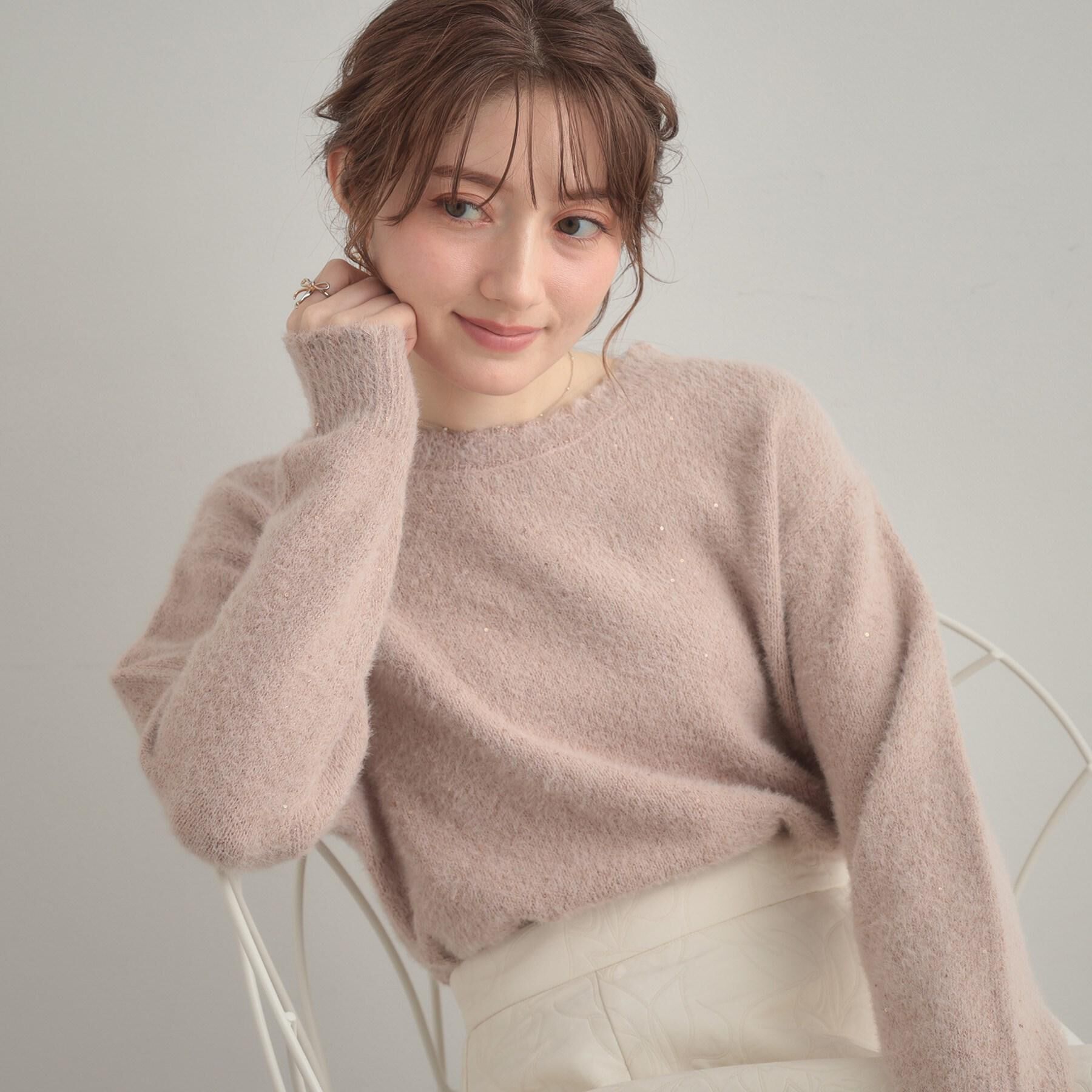 Couture broach「【前後2WAY】スパンコールラメフェザー ニット」|ニット・セーター|ピンク(071)