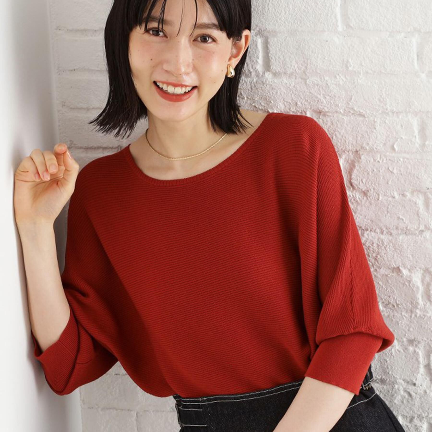 THE SHOP TK「6分袖ガータードルマンニット【エコベロ/洗濯機OK】」|ニット・セーター|オレンジ(069)