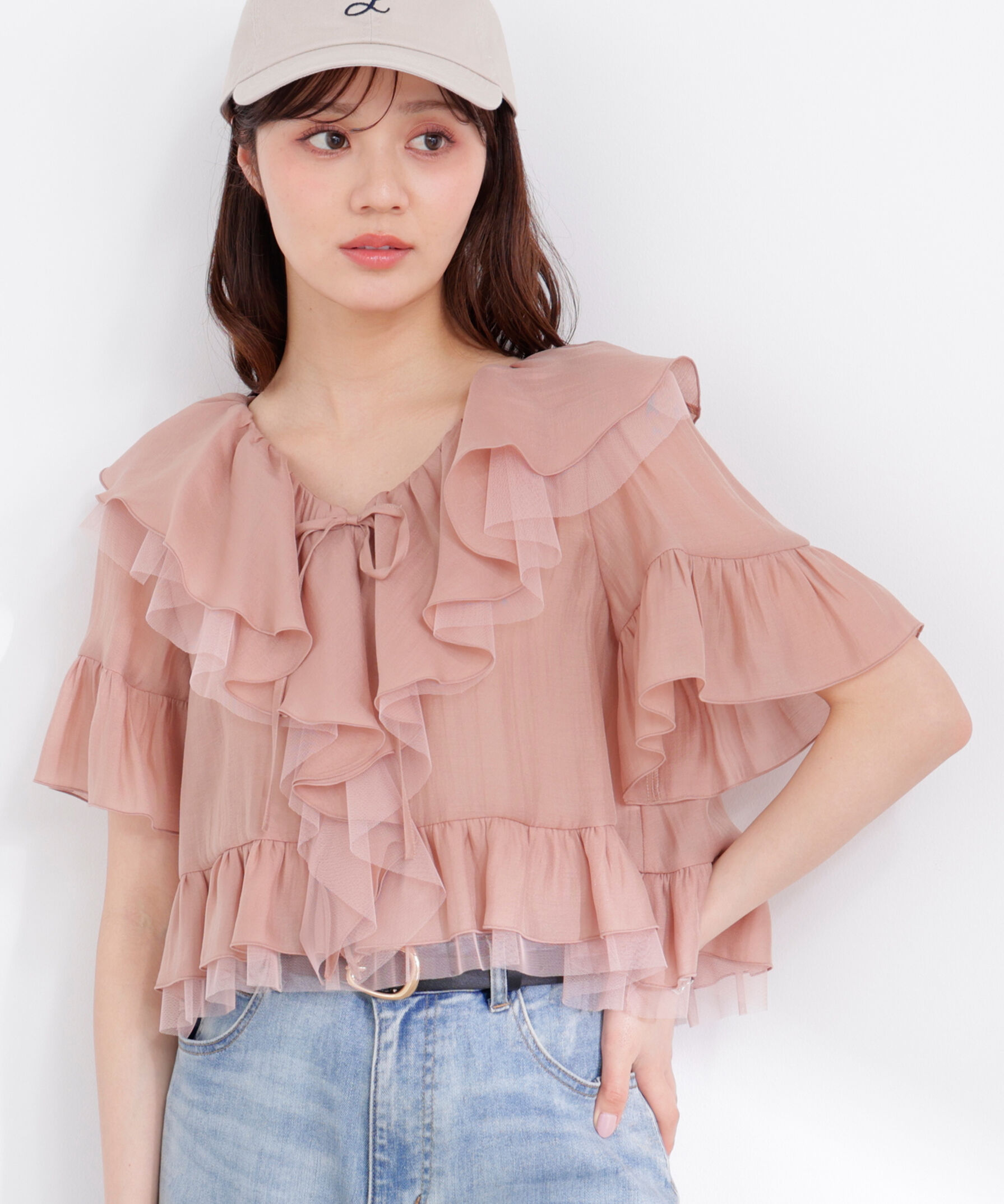 PROPORTION BODY DRESSING「チュール付きラッフルブラウス 26SS」|シャツ・ブラウス|ピンク