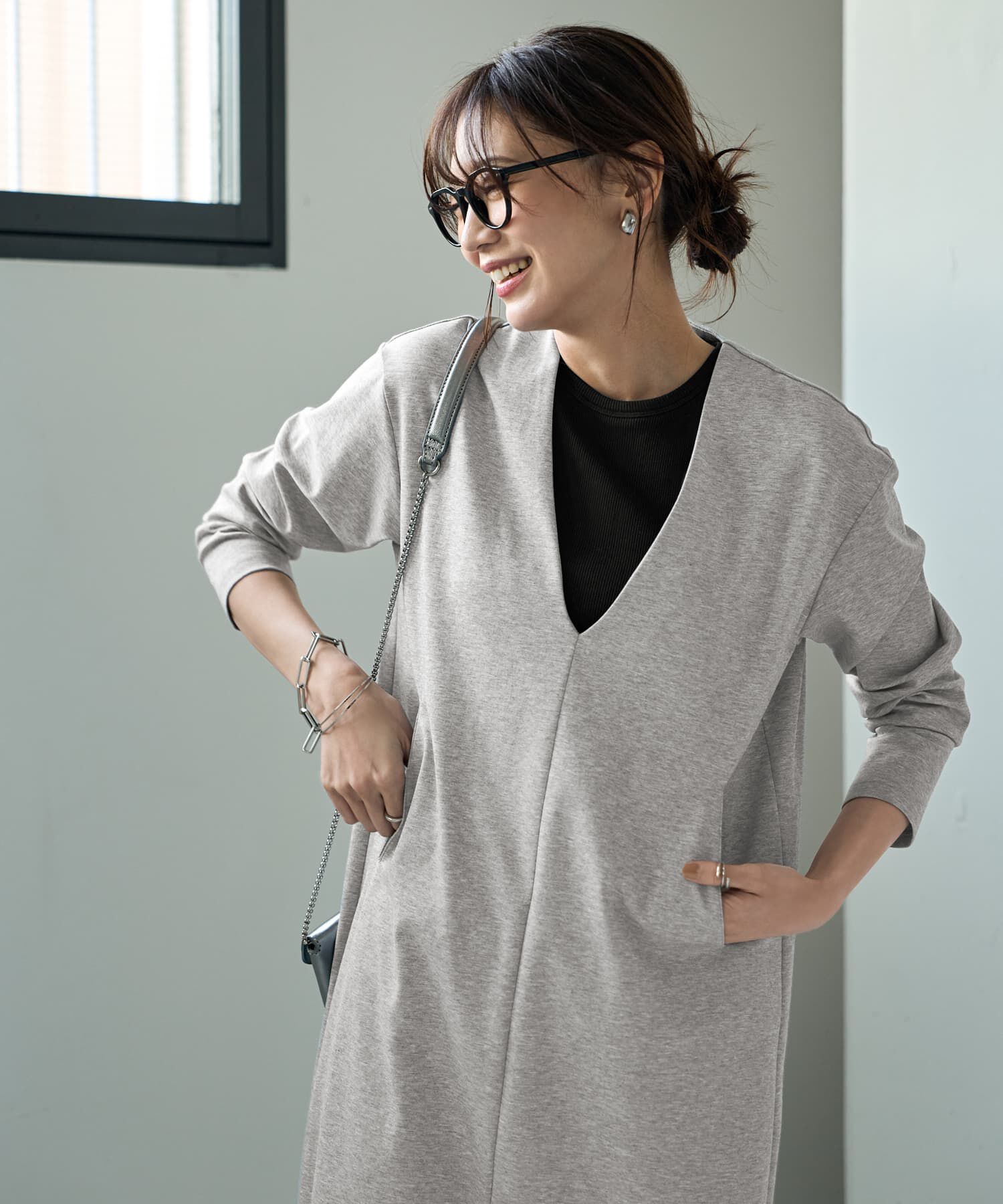 STYLE DELI「【Made in JAPAN】シルキーポンチ深Vワンピース」|ワンピース|