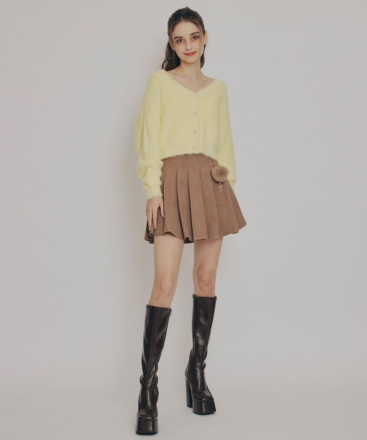 REDYAZEL「ファーチャームウールライクプリーツミニスカート」|フレア|