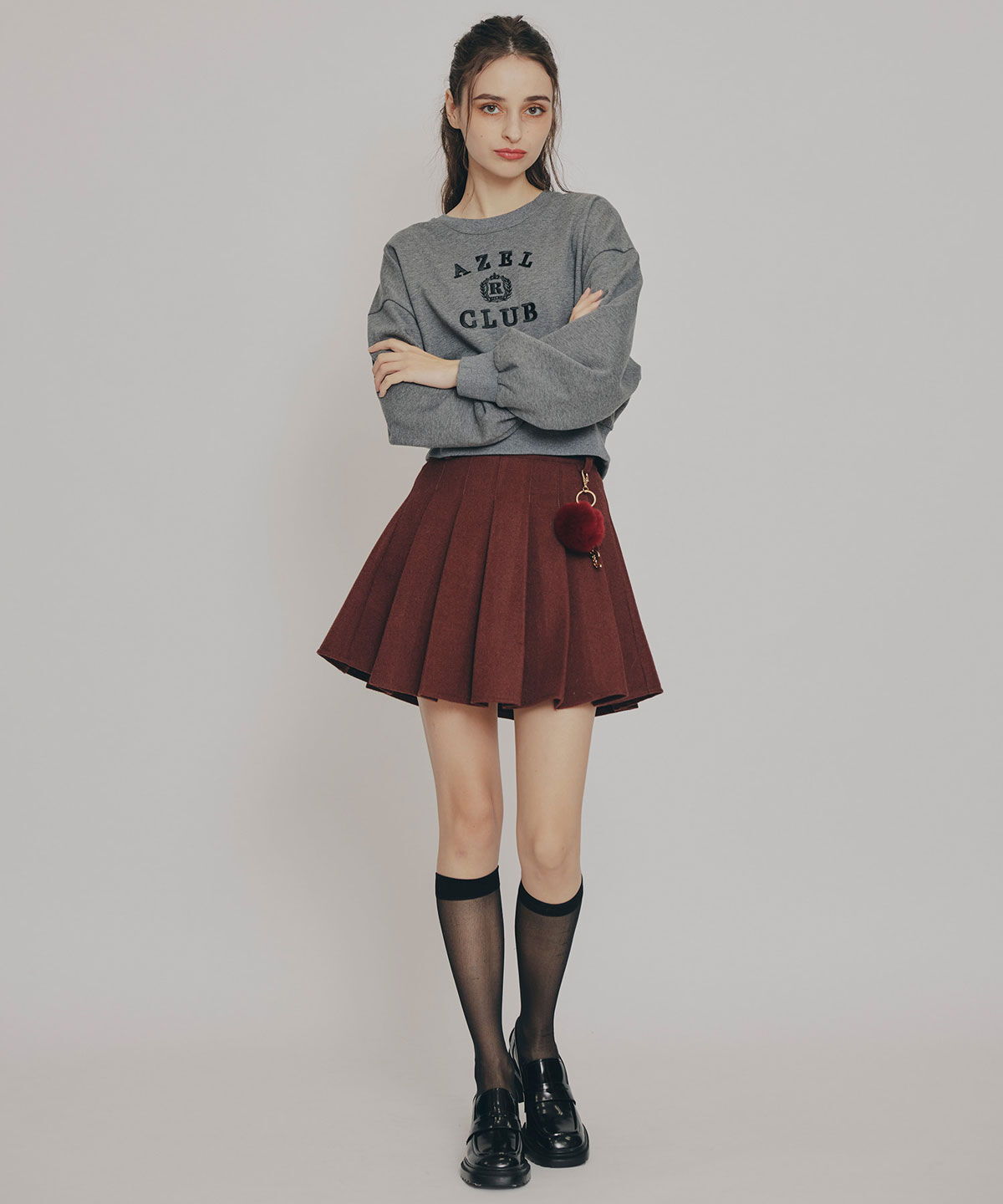 REDYAZEL「ファーチャームウールライクプリーツミニスカート」|フレア|