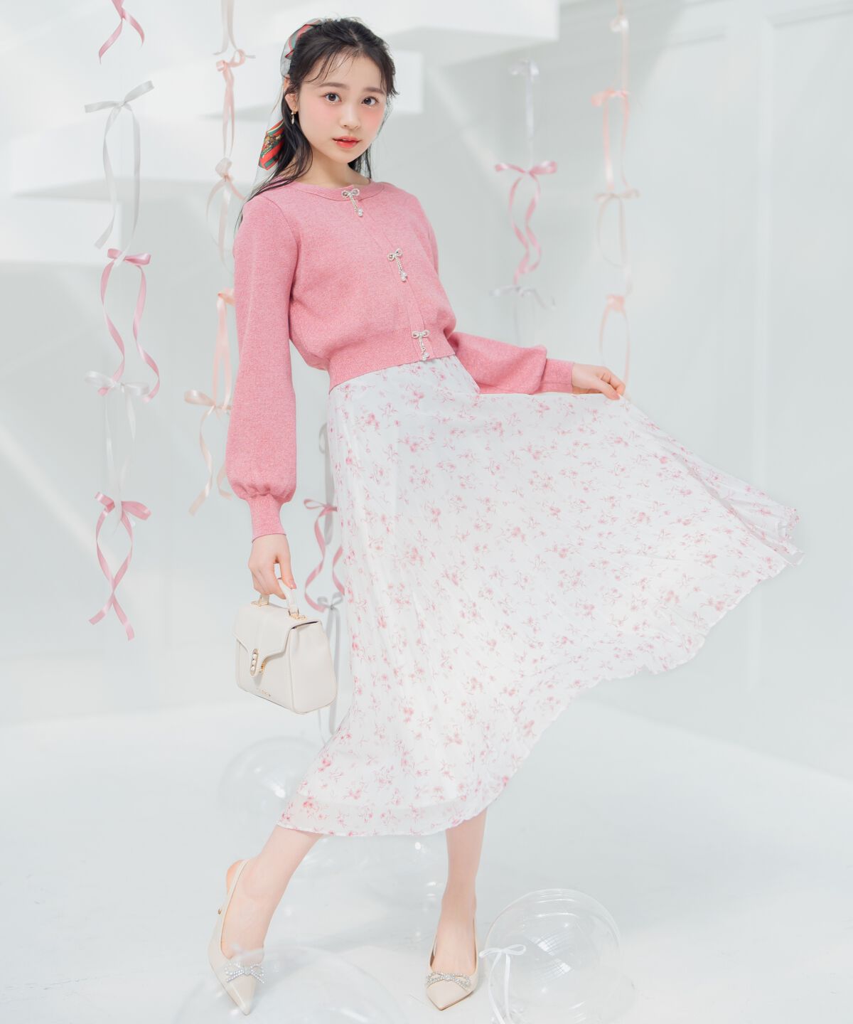 WILLSELECTION「ランダムプリーツフラワースカート」|フレア|