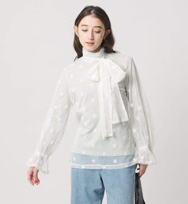 UNITED ARROWS「チュールフラワー ボウタイブラウス ‐ウォッシャブル‐」|シャツ・ブラウス|OFF WHITE