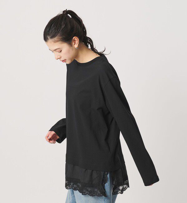 BEAUTY&YOUTH UNITED ARROWS「レースドッキング　ロングスリーブTシャツ」|Tシャツ・カットソー|BLACK