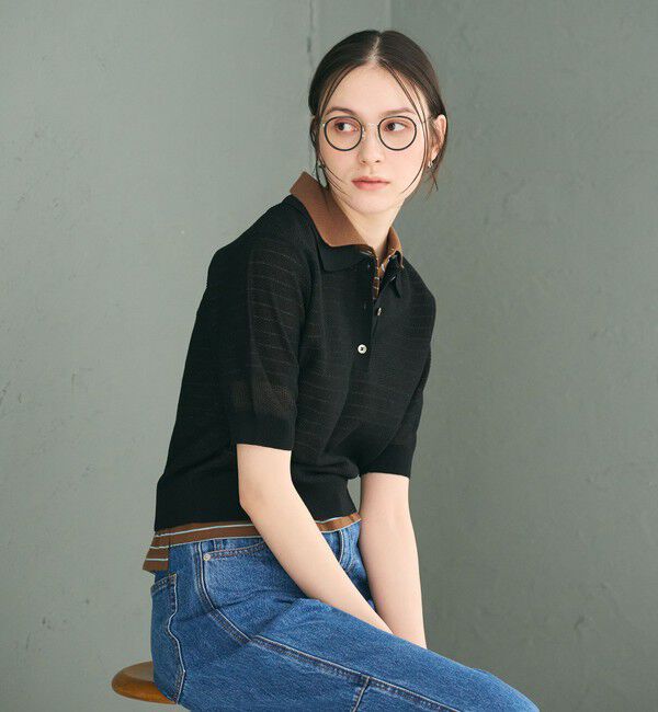 BEAUTY&YOUTH UNITED ARROWS「メッシュ ポロニット プルオーバー ウォッシャブル」|ニット・セーター|BLACK