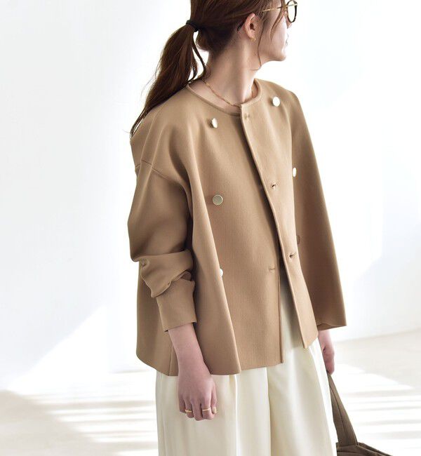 quaranciel「quaranciel:〈手洗い可能〉ニット ノーカラー ダブル ジャケット カーディガン」|カーディガン|ベージュ