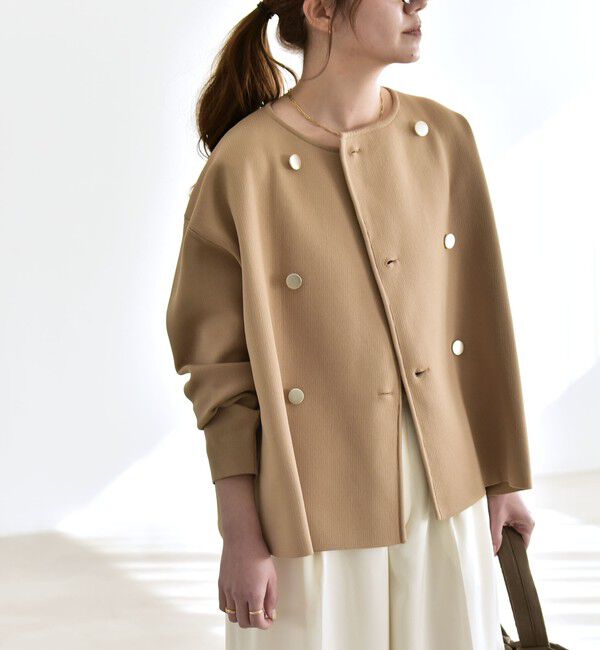 quaranciel「quaranciel:〈手洗い可能〉ニット ノーカラー ダブル ジャケット カーディガン」|カーディガン|