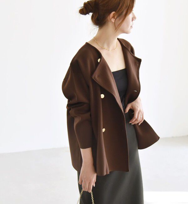 quaranciel「quaranciel:〈手洗い可能〉ニット ノーカラー ダブル ジャケット カーディガン」|カーディガン|ブラウン