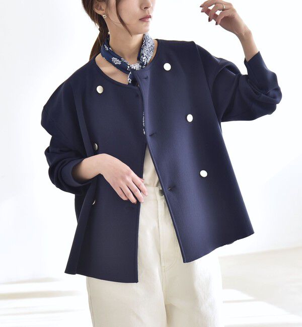 quaranciel「quaranciel:〈手洗い可能〉ニット ノーカラー ダブル ジャケット カーディガン」|カーディガン|ネイビー