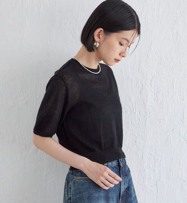 SHIPS for women「Wai＋:〈手洗い可能〉モヘヤブレンド 半袖 プルオーバー」|ニット・セーター|ブラック