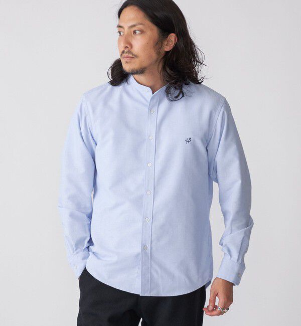 SHIPS「【WEB限定】SHIPS: 防シワ・吸水速乾 Drymix(R) ワンポイントロゴバンドカラーシャツ」|シャツ・ブラウス|ライトブルー