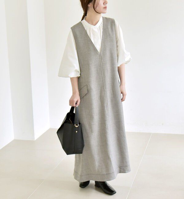 quaranciel「quaranciel:〈洗濯機可能〉ウーステッド ステッチワーク ポケット フレア Vネック ワンピース」|ワンピース|