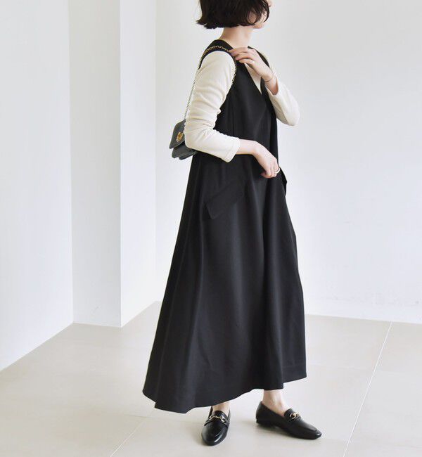 quaranciel「quaranciel:〈洗濯機可能〉ウーステッド ステッチワーク ポケット フレア Vネック ワンピース」|ワンピース|