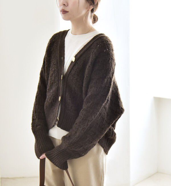 quaranciel「quaranciel: 透かし編み Vネック コンパクト ドルマンニットカーディガン」|カーディガン|