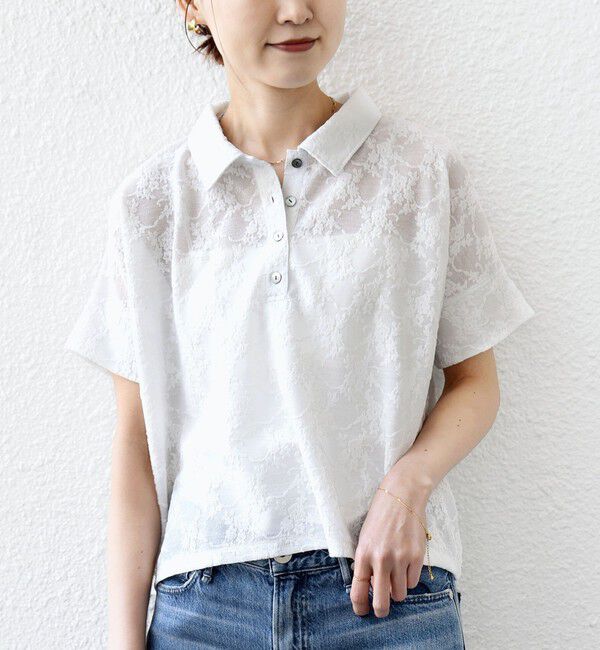 SHIPS for women「《追加予約》【WEB限定】〈手洗い可能〉シアー ジャカード ポロ 襟 ショート スリーブ プルオーバー」|ポロシャツ|